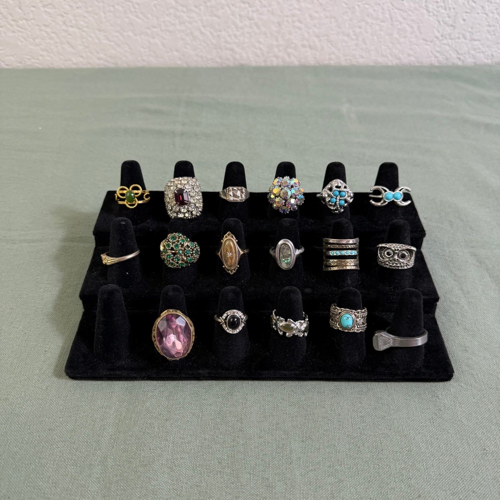 Vintage Costume Jewelry Ring Lot Statement Rhinestone Turquoise Owl 17pc Mixed